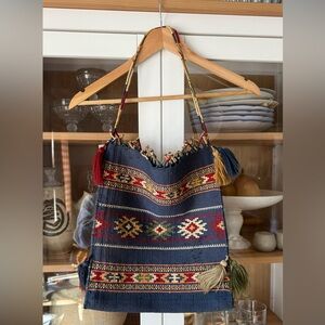 Kilim Textile Blue and Red Tassel Bag